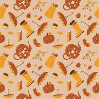 Autumn seamless pattern with ashberry, rowanberry, pumpkin, umbrella, boot, teapot, mug, sock, mushroom, book, leaf, cozy fall elements, cute hand drawn pattern vector