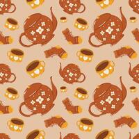 Autumn seamless pattern with teapot, mug and sock, cozy fall elements, cute hand drawn pattern vector