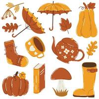 Autumn elements set, cozy fall hand drawn, pumpkin, umbrella, boot, teapot, mug, sock, mushroom, book, leaf vector