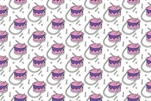 Seamless pattern with drums and drum sticks on White background. Flat illustration. Cartoon Music Equipment Template for Print, Textile, Fabric, Wrapping paper. Color Background vector