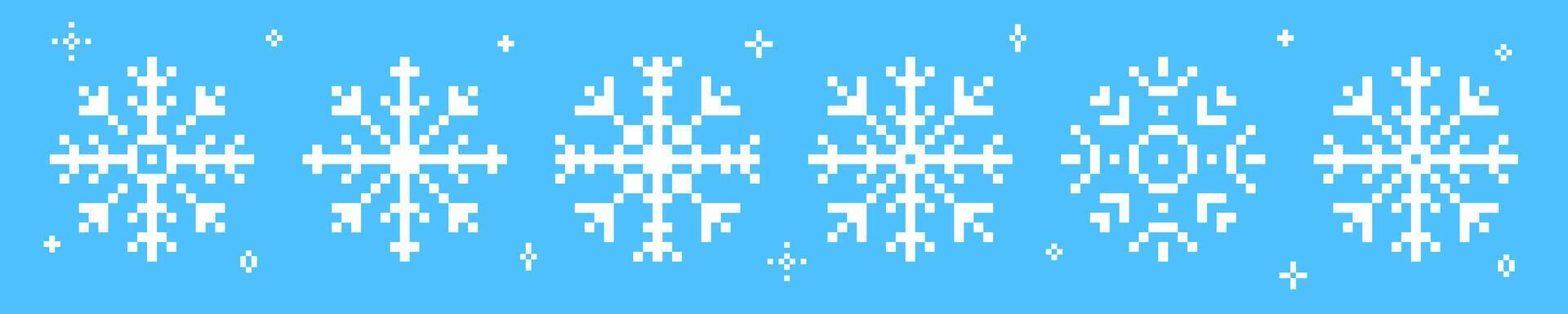 Set of snowflakes or winter icon in pixel art. Retro illustration.