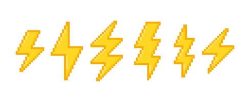 Set of lightning bolt, thunder, electric or weather icon in pixel art style. Retro illustration on a white background. vector