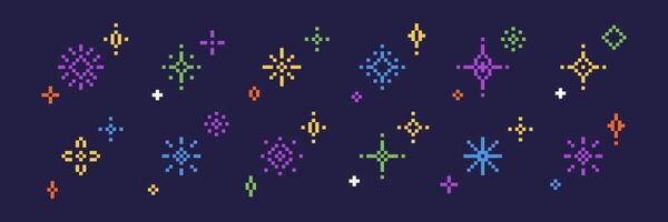 Set of pixel star, sparkle, glitter with twinkle effect. Pixel art illustration. vector
