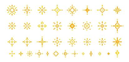 Set of pixel star, sparkle, glitter, starburst with twinkle effect. Pixel art illustration. vector