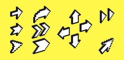 Set of 3d arrows in pixel art style. illustration of 8 bit game assets. vector