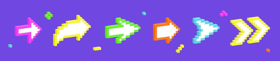 Set of 3d arrows in pixel art style. illustration of 8 bit game assets. vector