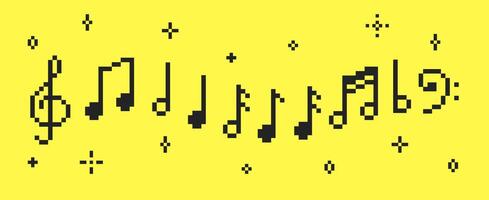 Set of music notes, thunder, clef and melody icon in pixel art. Retro illustration. vector