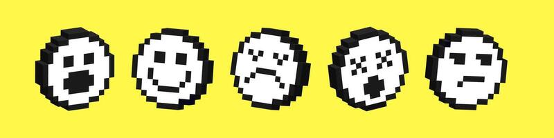 Set of 3d smile icons. Pack of pixelated emoji icons. Emoticons pixel art. 8-bit retro illustration. vector
