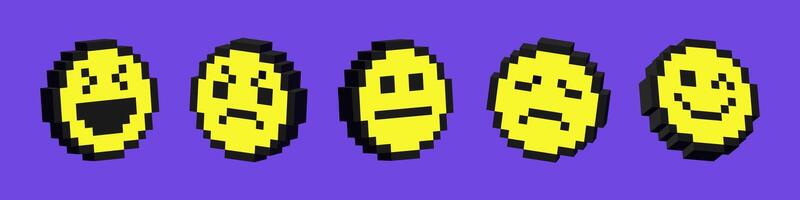 Set of 3d smile icons. Pack of pixelated emoji icons. Emoticons pixel art. 8-bit retro illustration. vector