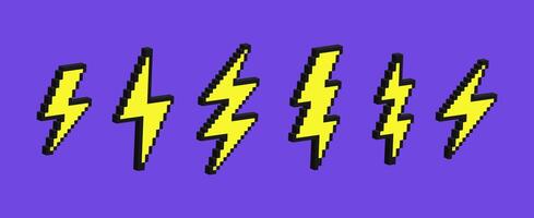 Set of lightning bolt, thunder, electric or weather icon in pixel art style. 3d retro illustration. vector