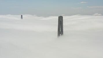 Aerial view of the top of the pylons of the Russian bridge video