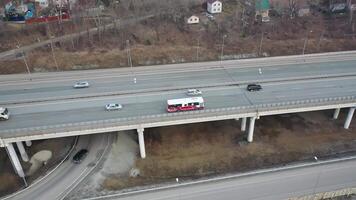 View from a drone of cars moving along a multi-lane highway video