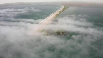 Aerial view of the Nazimov sand spit in fog, Russia video