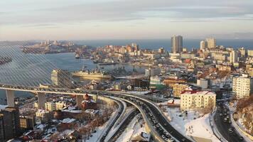 Winter view from a drone on the Golden Bridge and the city at sunrise video