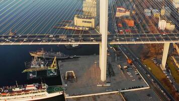 Drone view of the impressive cable-stayed Golden bridge at sunrise video