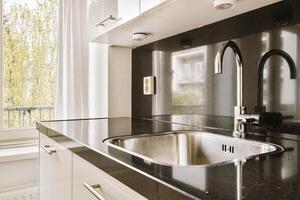 A kitchen with a sink and a window photo