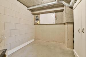 A bathroom with a shower and toilet in a basement photo
