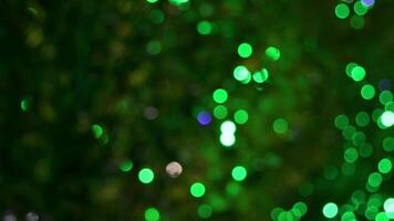Beautiful green branches of a winter tree with magical festive lights of Christmas garlands and water drops lying on needles. Abstract Christmas holiday background. video