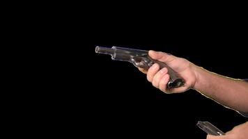Male hands presenting weapons a gun. Alpha channel. Simulation of reloading weapons and shooting a pistol on a transparent background video