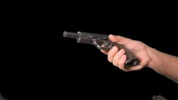 Male hands presenting weapons a gun. Alpha channel. Simulation of reloading weapons and shooting a pistol on a transparent background video