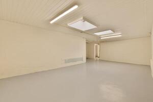 An empty room with a skylight and a ceiling fan photo