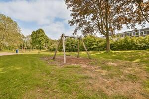 A playground with swings and a tree in the middle photo