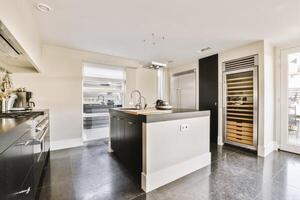 A kitchen with a refrigerator and a sink photo