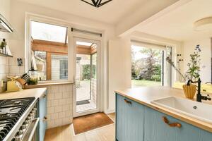 A kitchen with a sink and a window photo