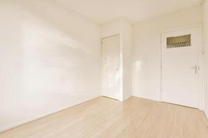 An empty room with a wooden floor and white walls photo
