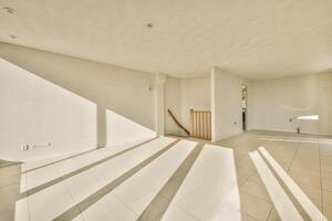 An empty room with sunlight shining through the windows photo