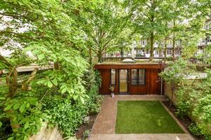 A small garden with a wooden shed and a lawn photo
