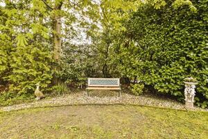 A bench in a garden surrounded by trees photo