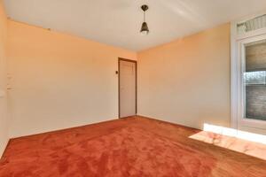 An empty room with a red carpet and a door photo