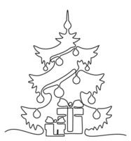 Christmas pine fir tree with decorations continuous one line illustration. New Year concept, fir tree made of one line in modern minimalist style for holiday cards vector
