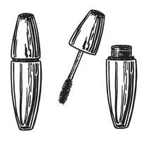 Mascara with brush, sketch. A tube with a fluffy brush at the end. Means for applying mascara to eyelashes. Decorative cosmetics for creating eye makeup vector
