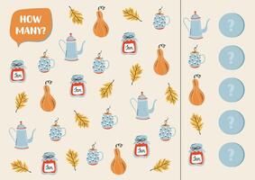 Educational game for children. I spy game. Find and count different objects. Autumn counting activity game for kids. vector