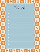 Cute printable To do list decorated with cozy home elements on checkered background. Scheduler and organizer for everyday planning. Modern stationery, it can be used also as card. vector
