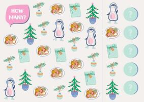 Educational game for children. I spy game. Find and count different objects. Christmas counting activity game for kids. vector