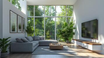 Modern living room featuring large windows and abundant greenery in a spacious design photo