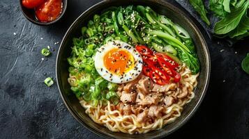 Savory ramen bowl with tender chicken, soft-boiled eggs, and fresh vegetables on a dark surface photo