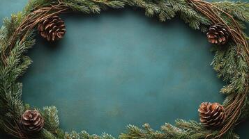 Seasonal wreath with pinecones and evergreen branches on teal background photo