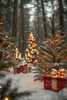 Snow-covered forest pathway adorned with Christmas trees and neatly wrapped presents photo