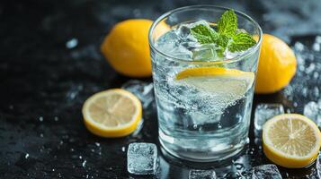 Refreshing glass of lemonade with ice and mint surrounded by fresh lemons on a dark surface photo