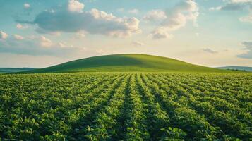 Expansive golden field at sunset with vibrant clouds and clear horizon in rural landscape photo