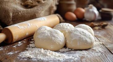 Preparing fresh dough balls on a wooden surface with flour and a rolling pin in a cozy kitchen photo