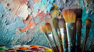 A collection of paintbrushes resting on a palette in front of a colorful abstract canvas photo
