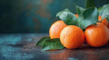Fresh oranges with green leaves arranged on a rustic wooden surface in natural light photo