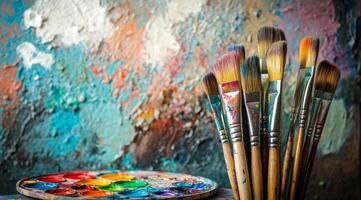 A collection of paintbrushes resting on a palette in front of a colorful abstract canvas photo