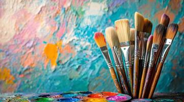 A collection of paintbrushes resting on a palette in front of a colorful abstract canvas photo