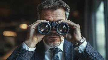 Businessman using binoculars to observe surroundings during a city event in the evening photo